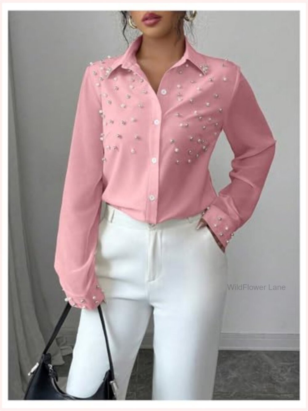 Pearl Beaded Long Sleeve Button Down Blouse Shirt Work Office - Picture 5 of 5